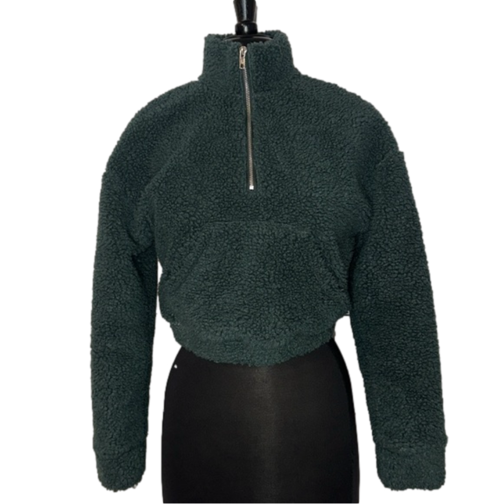 Wild Honey Cropped Sherpa Quarter Zip Dark Green
